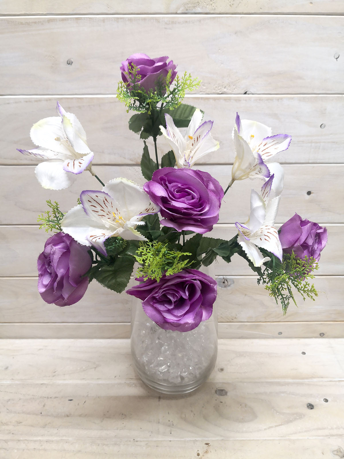 Vibrant artificial rose and astromelia mixed bush, perfect for home decor or special occasions, allergen-free, maintenance-free beauty.