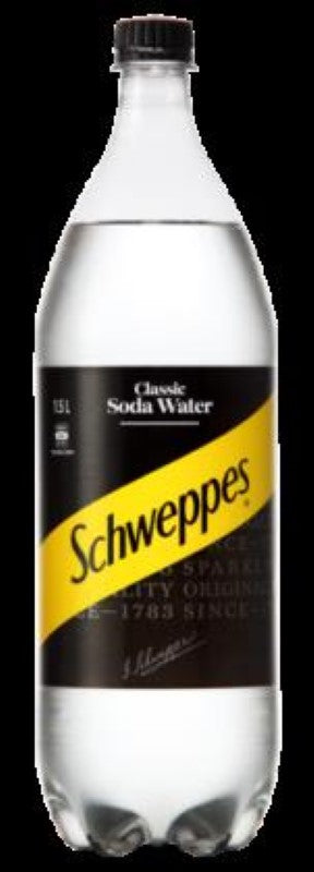 A 1.5L bottle of Schweppes Soda Water, perfect for refreshing drinks or mixing cocktails, made in New Zealand.