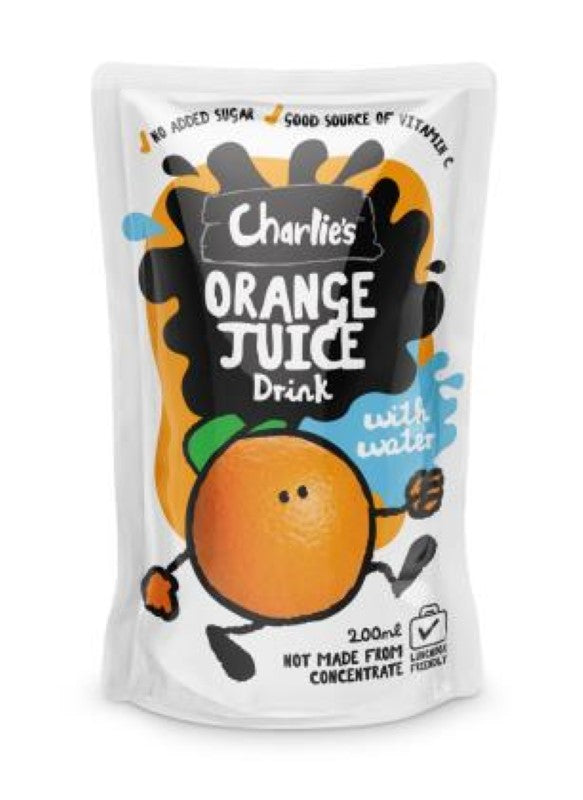 Pack of 10 Charlie's Kids Orange Juice, 200ml each, featuring fresh, tangy orange flavor, perfect for kids' lunches and picnics.