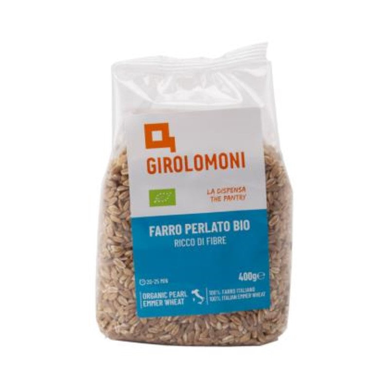 Organic Grain Farro Perlato from Montebello in a 400g bag, featuring nutty flavor and chewy texture for delicious meals.