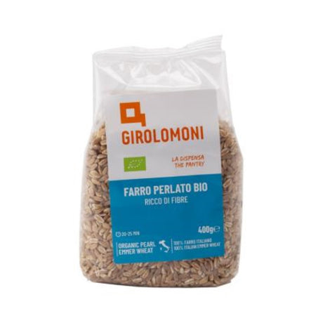 Organic Grain Farro Perlato from Montebello in a 400g bag, featuring nutty flavor and chewy texture for delicious meals.