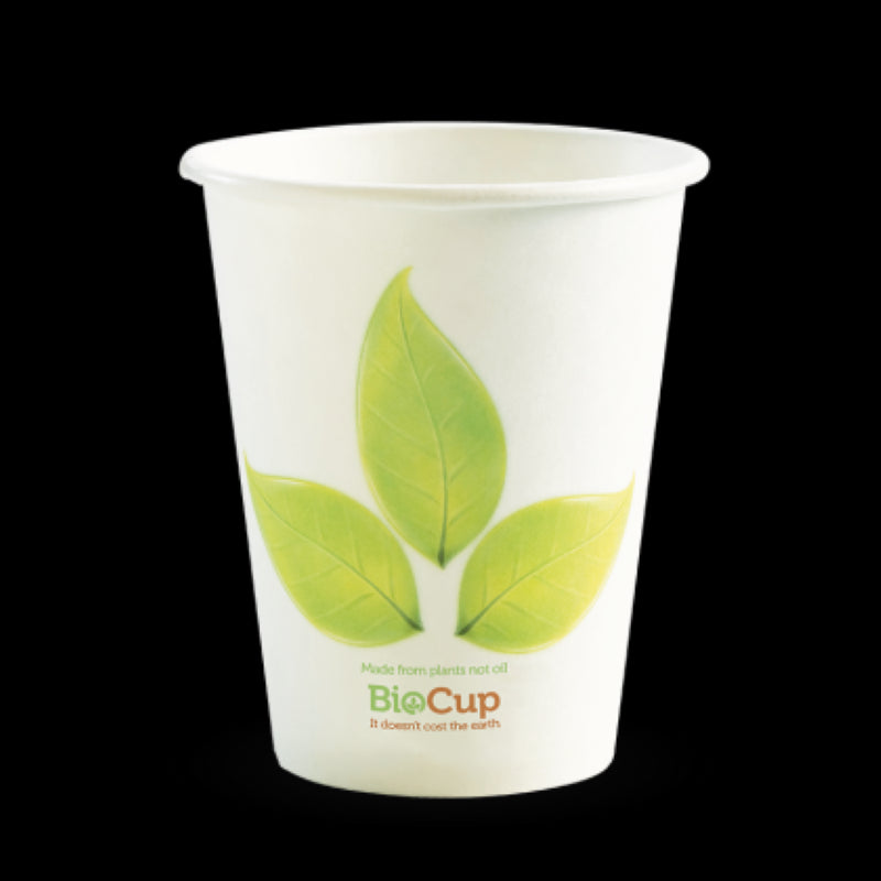 Cup Hot Paper Single Wall Bio8oz White Leaf (80mm lid) - Biopak - 50PC