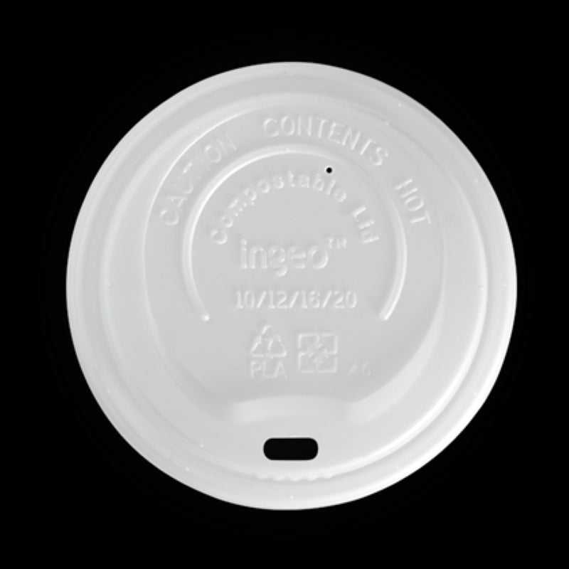 Eco-friendly white 90mm lids for hot cups, made from biodegradable bioplastics; pack of 50 for sustainable takeaway service.