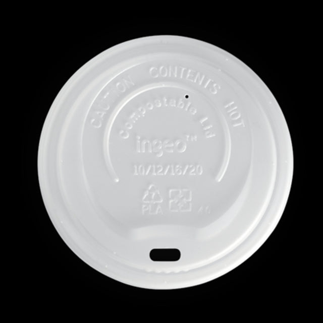 Eco-friendly white 90mm lids for hot cups, made from biodegradable bioplastics; pack of 50 for sustainable takeaway service.