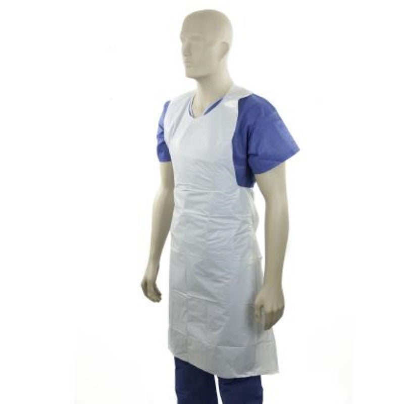 Heavy-duty disposable white apron with tear-off tabs, ideal for clean workspaces in food, healthcare, and crafts.