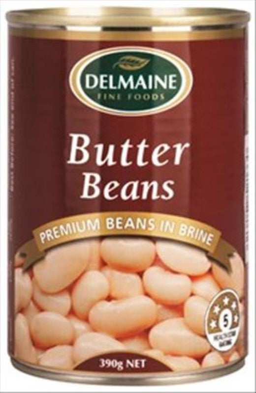 Delmaine Beans Butter 390g jar featuring creamy Italian butter beans for dips, stews, and salads, perfect for vegan meals.