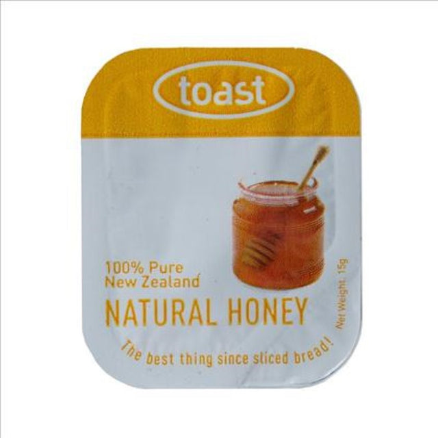 Sachets of Honey PCU - Toast, 48PC pack, showcasing golden natural honey sourced from diverse New Zealand flowers.