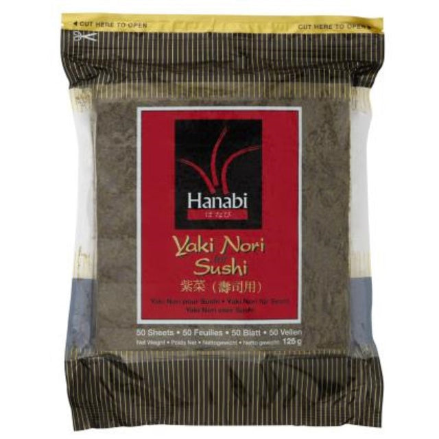 50 premium dark green nori sheets by Hanabi, perfect for sushi-making and garnishing dishes, weighing 125g total.