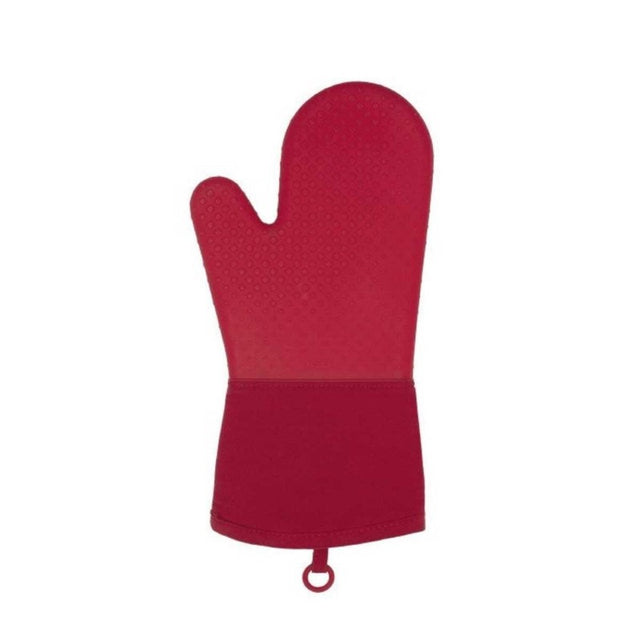 Red silicone oven mitt with non-slip diamond pattern, designed for heat protection and comfort while handling hot kitchen items.