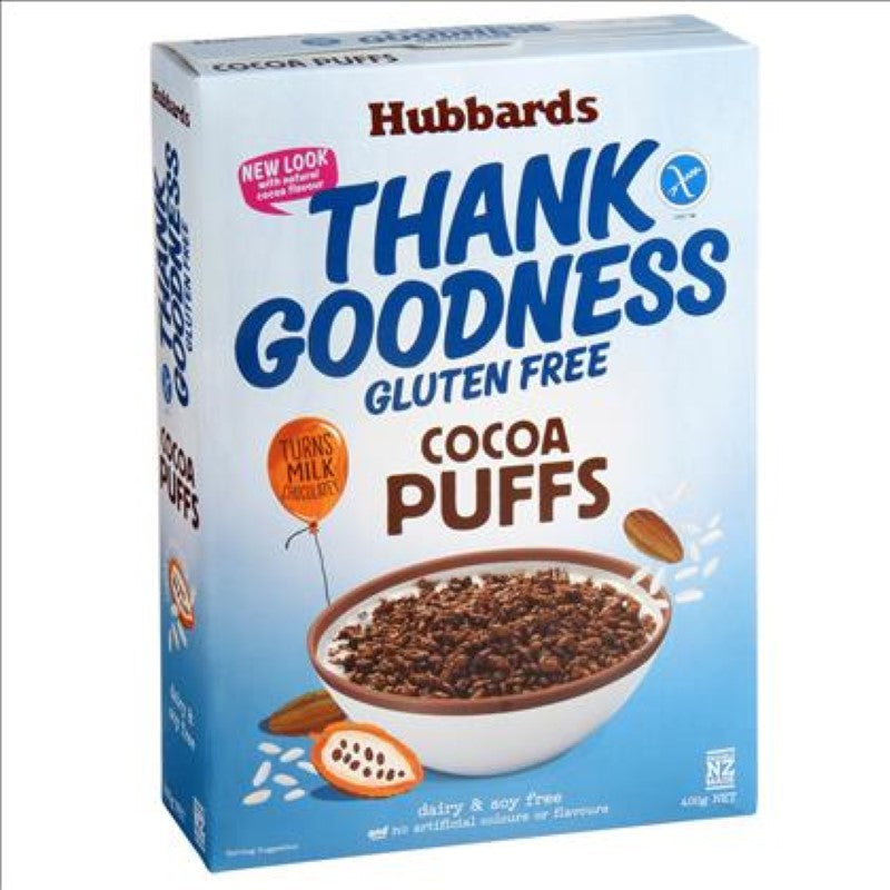 Cocoa Puffs gluten-free cereal by Hubbards in a 400g pack, combining rich chocolate flavor with a healthy breakfast option.