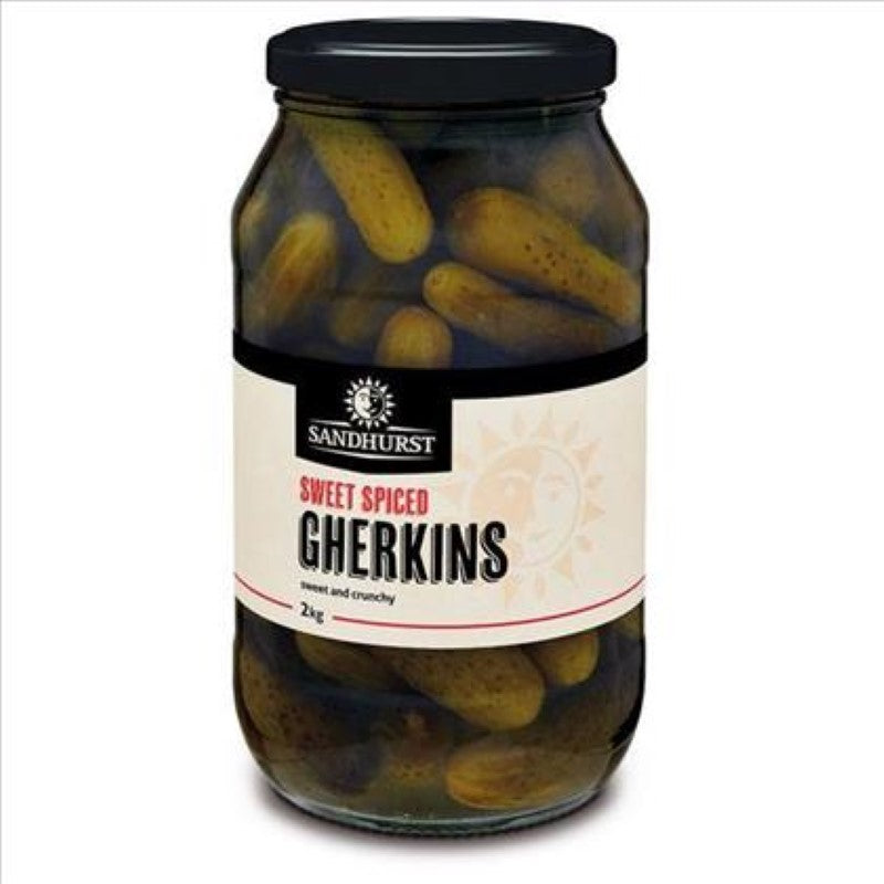 Whole Sweet Spiced Gherkins by Sandhurst, 2KG pack, perfect for snacks or cooking, sourced from India.