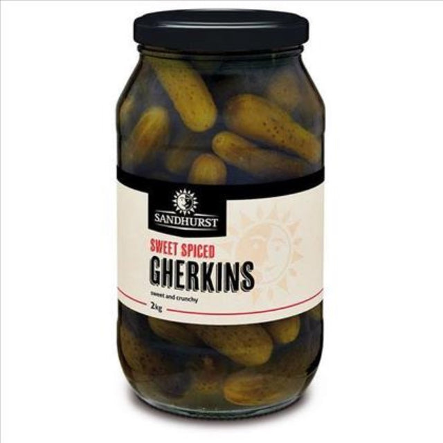 Whole Sweet Spiced Gherkins by Sandhurst, 2KG pack, perfect for snacks or cooking, sourced from India.