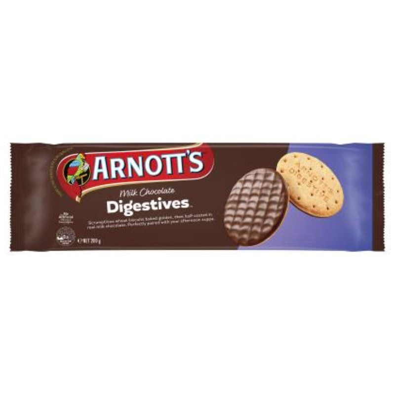 Arnott's Digestive Milk Chocolate biscuits in a 200G pack, featuring a crunchy wheat base coated in smooth milk chocolate.