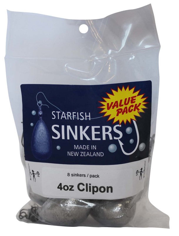 Starfish Clipon sinkers value pack, 4oz with 8 durable, versatile clip-on sinkers for efficient fishing in various conditions.