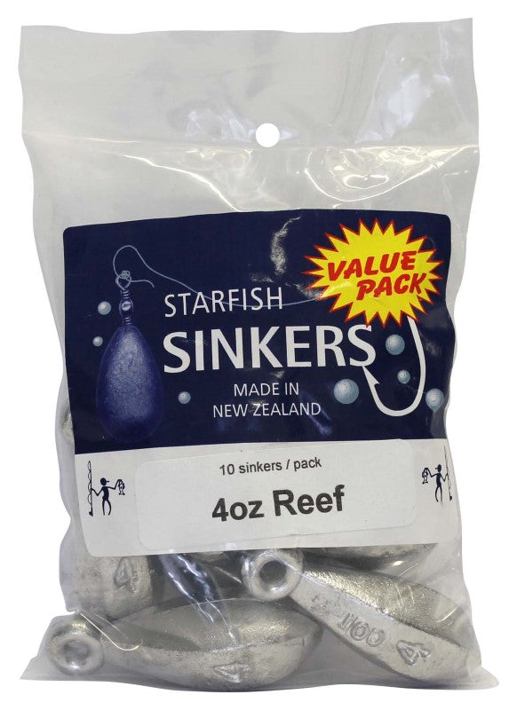 Starfish Reef Sinker Value Pack: 10 sleek 4oz sinkers for precise, flutter-free bait presentation in deep-sea and estuary fishing.