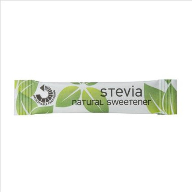 Stevia natural sweetener sticks in a cafe-style pack, 500 pieces, ideal for guilt-free beverage sweetness.