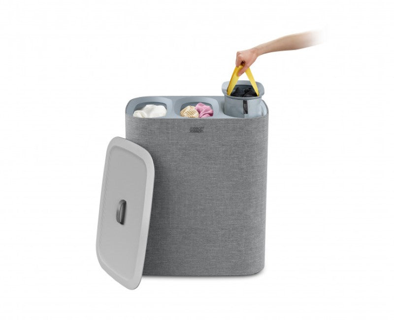 Joseph Joseph Tota Trio 90L Laundry Basket in Grey with three fabric totes for easy laundry sorting and carrying.