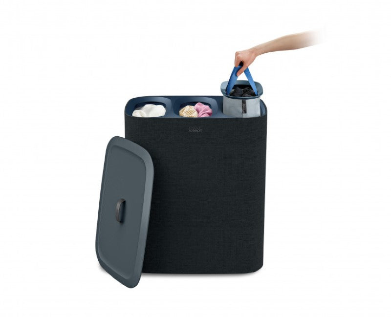 Joseph Joseph Tota Trio 90L laundry basket with three removable tote bags for easy laundry separation in stylish black design.