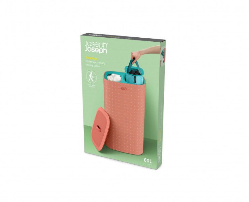 Joseph Joseph Tota Pop 60L Laundry Basket in Coral, featuring 3 fabric bags for easy laundry sorting and transport.