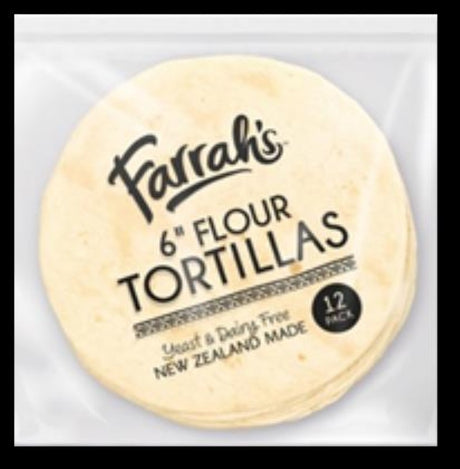 12-pack of Farrah's 6-inch flour tortillas, vegan and halal, perfect for wraps and snacks, made in New Zealand.