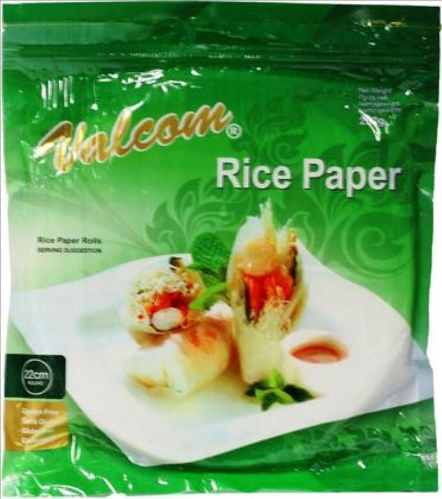 Valcom Rice Paper 22cm, 250g - versatile, gluten-free wraps ideal for fresh rolls, filled with vegetables or seafood.