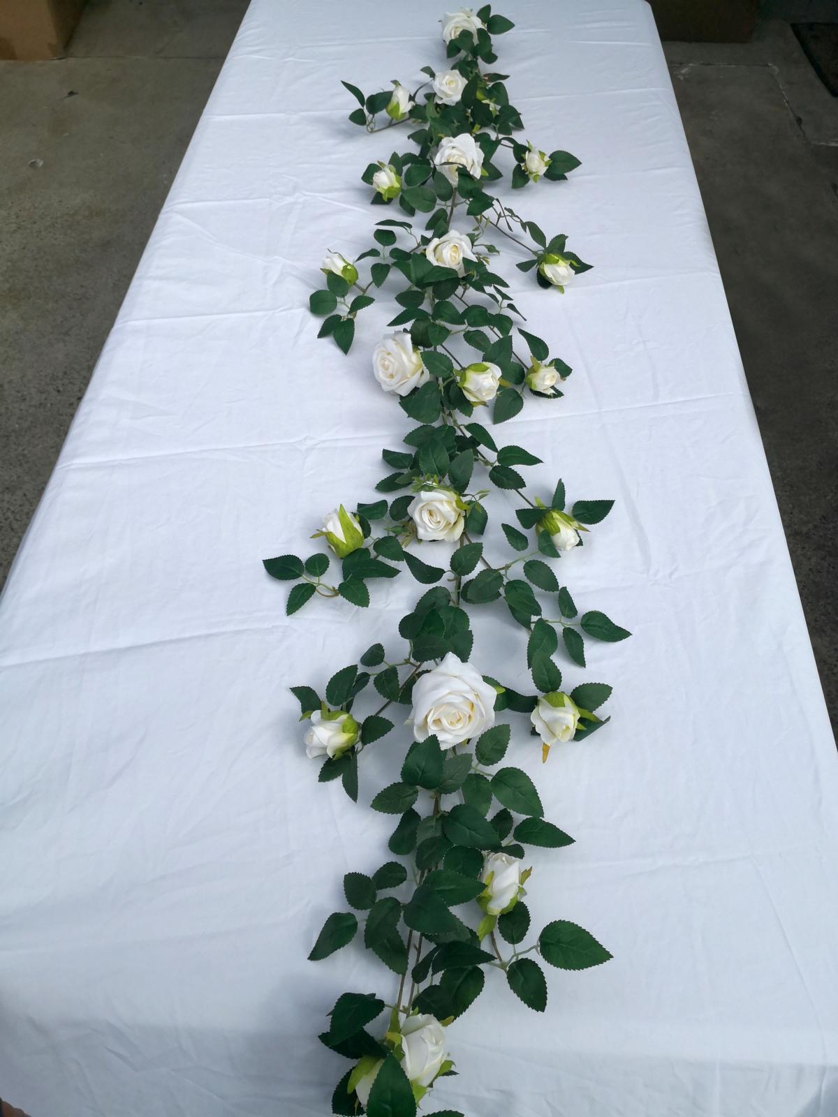 Sophia Rose Garland 200cm features lifelike pink and cream roses with lush green leaves, perfect for elegant décor.