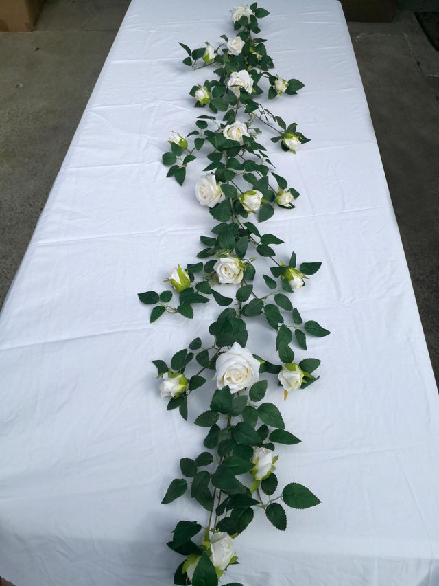 Sophia Rose Garland 200cm features lifelike pink and cream roses with lush green leaves, perfect for elegant décor.