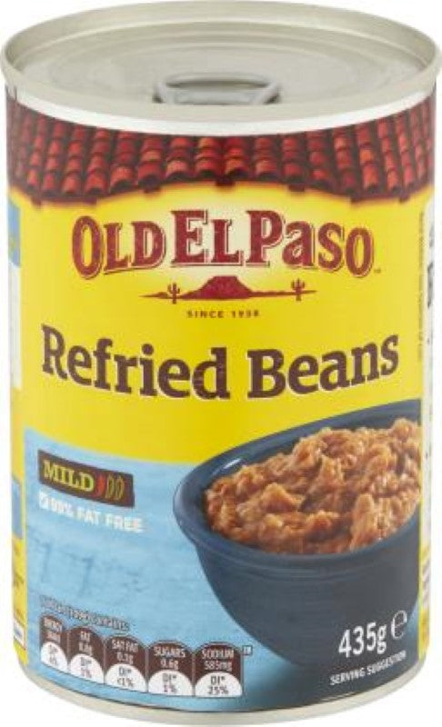 Refried vegan beans from El Paso in a 435G can, made from pinto beans and spices, perfect for Mexican dishes.