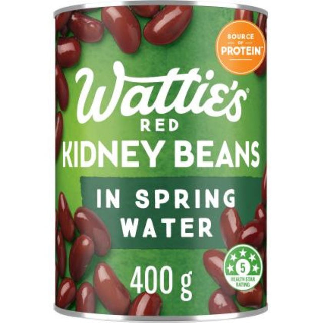 Wattie's Red Kidney Beans in Springwater, 400g can, high in protein, iron, and fiber; perfect for curries and salads.