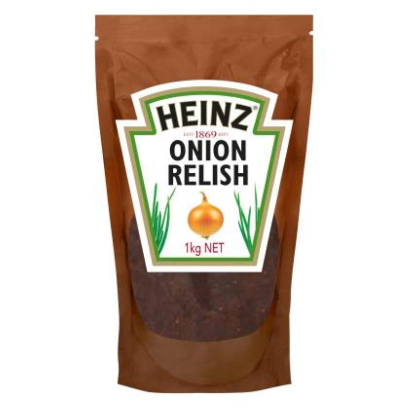 Heinz Caramelised Onion Relish in a 1KG jar, featuring sweet onions, mustard seeds, and balsamic vinegar for flavor enhancement.