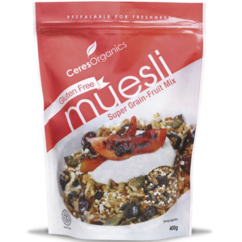 Gluten-free Muesli Super Grain Fruit Mix in a 400G pouch, featuring a nutritious blend of grains, nuts, and fruits.