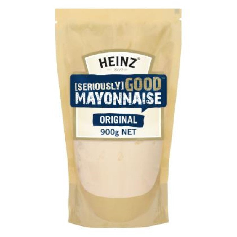 Heinz Seriously Good Mayonnaise, 900g pouch featuring creamy texture and rich flavor, perfect for salads, sandwiches, and dips.