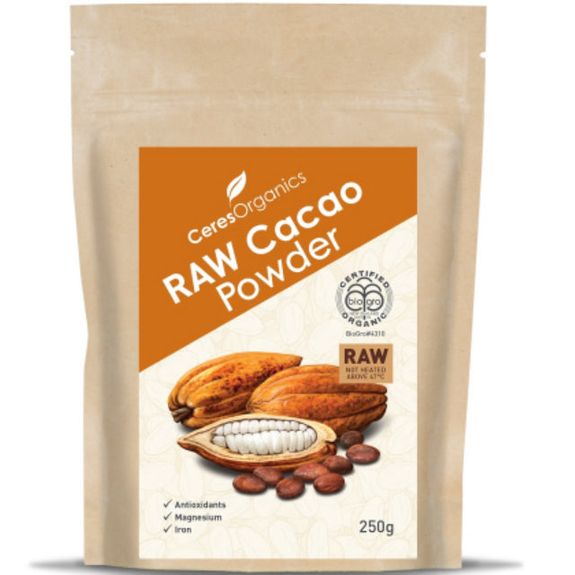 Raw Cacao Powder by Ceres, 250G pack, rich in antioxidants and nutrients, perfect for smoothies and baking.