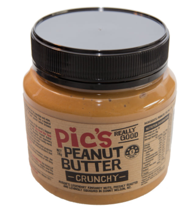 Crunchy peanut butter in a 1kg jar from Pic's, made with premium peanuts for a rich flavor, perfect for spreading or baking.