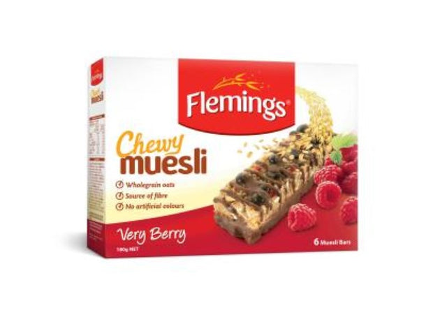 Chewy Very Berry muesli bars by Flemings, packed with oats, chocolate chips, and rich berry flavor, available in a 6PC pack.