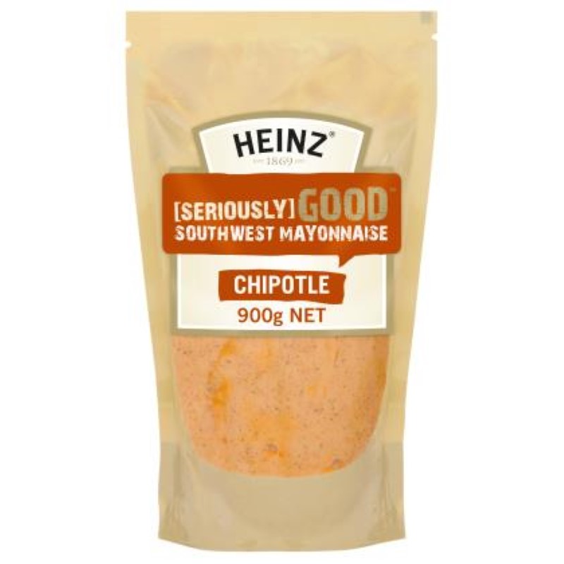 Heinz Seriously Good Southwest Chipotle Mayonnaise in a 900G pouch, featuring rich texture and bold chipotle flavor for meals.