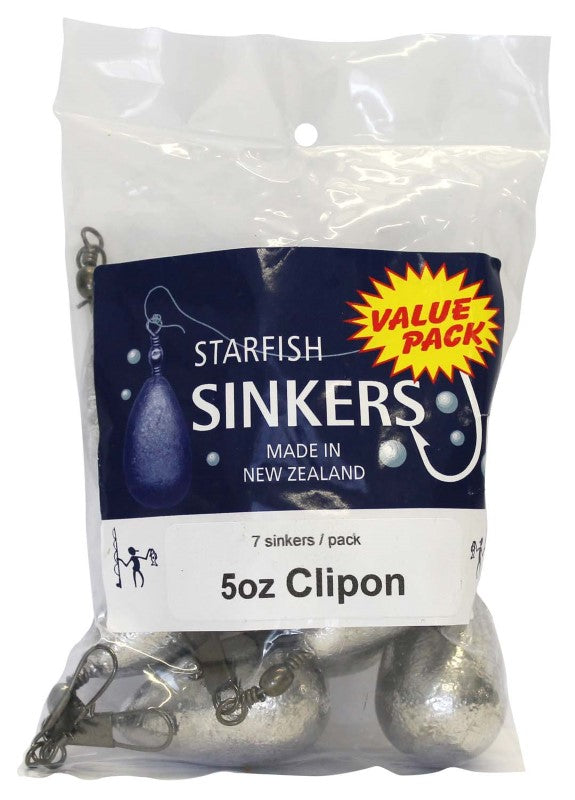 Starfish Clipon Sinker Value Pack with 7 versatile 5oz sinkers, ideal for snag-free fishing and various techniques.