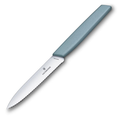 Victorinox Swiss Modern Wavy Arona Paring Knife with 10cm wavy blade and ergonomic blue handle for effortless meal prep.