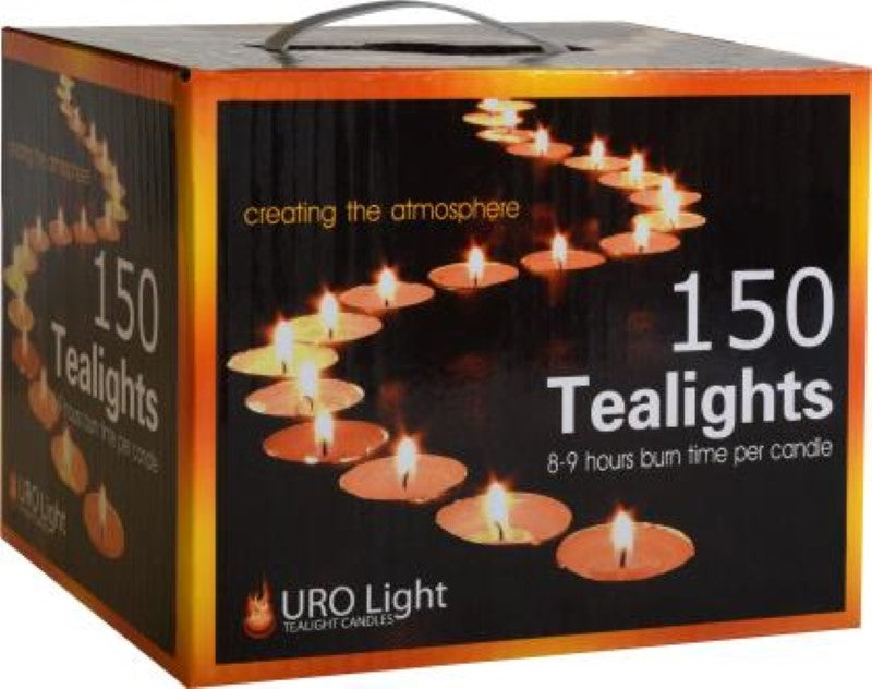 URO Light Tealight Candles, 150PC, 8-9 hour burn time, clean-burning, and odourless, perfect for creating warm ambiance.