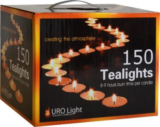URO Light Tealight Candles, 150PC, 8-9 hour burn time, clean-burning, and odourless, perfect for creating warm ambiance.