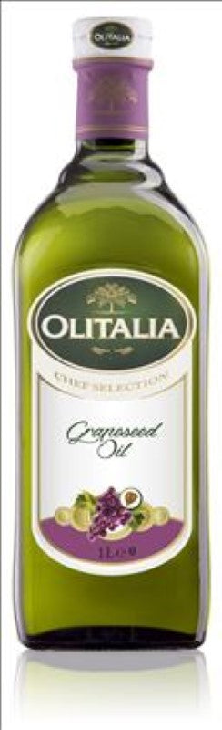 Bottle of Olitalia Grapeseed Oil, 1L, a cholesterol-free cooking oil with a delicate flavor, perfect for healthy meals.