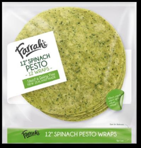 Fresh 12-inch spinach pesto wraps from Farrah, vegan, Halal, and perfect for healthy meals; 12 wraps per pack.