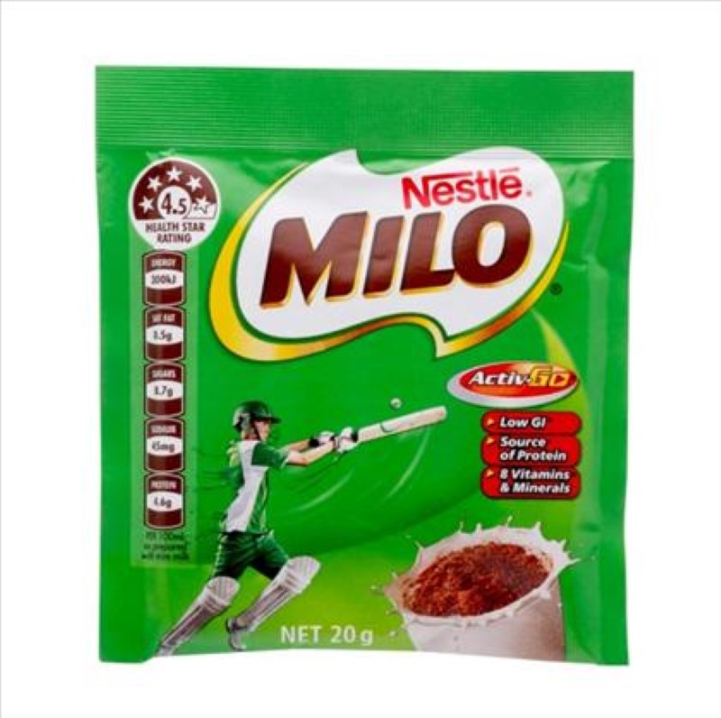 Nestle Milo 1 Cup Sachets, 100 convenient 20g packets for quick hot chocolate malt drink preparation. Perfect for on-the-go energy.