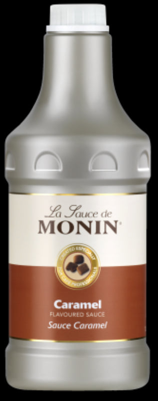 Monin Sauce Caramel 1.89L bottle, rich and smooth caramel sauce for enhancing desserts and beverages. Made in France.