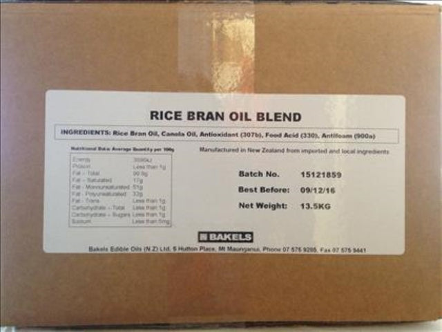 Oil Rice Bran Blended by Bakels in a 13.5KG pack, ideal for frying and cooking with a light flavor and high smoke point.