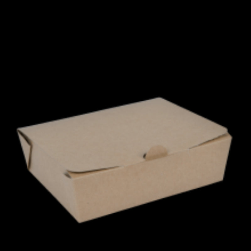 Eco-friendly medium brown takeaway boxes (142x111x49mm) with leak-proof design and secure clasp lids, pack of 75.