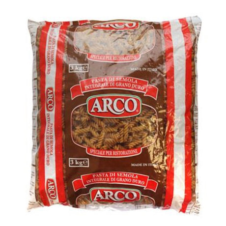 Wholemeal Fusilli Pasta by ARCO, 3kg pack, fiber-rich and nutritious, perfect for healthy Italian meals and salads.