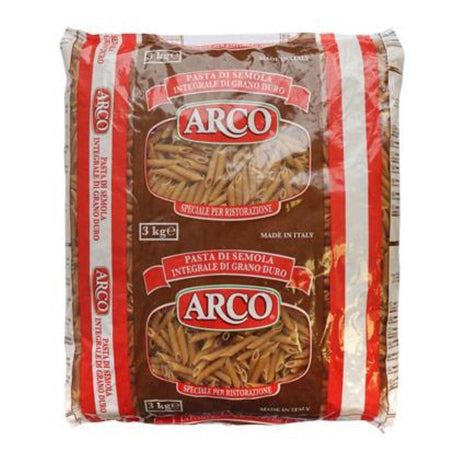 Wholemeal penne pasta from ARCO, 3KG pack, made from fine whole wheat flour for nutritious and delicious meals.