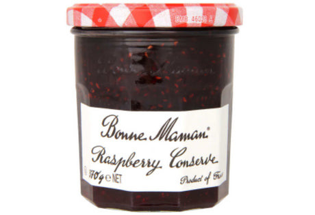 Bonne Maman Raspberry Conserve in a 370G jar, showcasing vibrant color and rich texture, perfect for spreads and desserts.