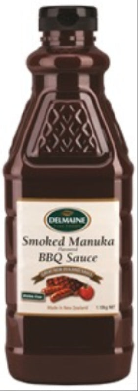 Delmaine Sauce Manuka Barbeque, 1.10KG bottle, blends Manuka honey and spices for a sweet, tangy BBQ flavor.